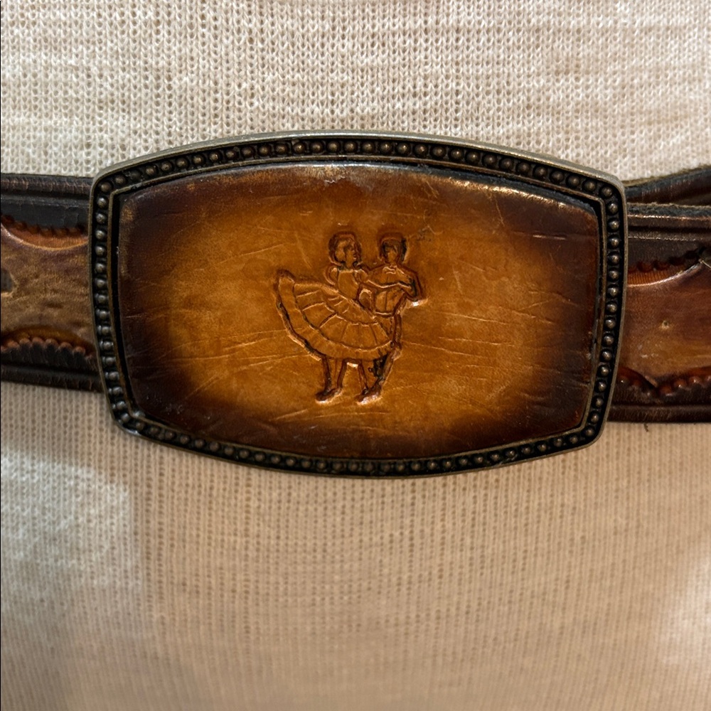Genuine tooled  leather belt with square dancers and Don on back - Picture 2 of 8